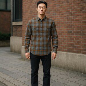 J. Crew brown grey Checker Men slim long Sleeve Shirt Size large